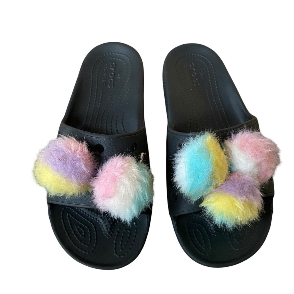 Crocs Fur Sure Slide Sandals Size M6 W8 Black Flat Puff Balls